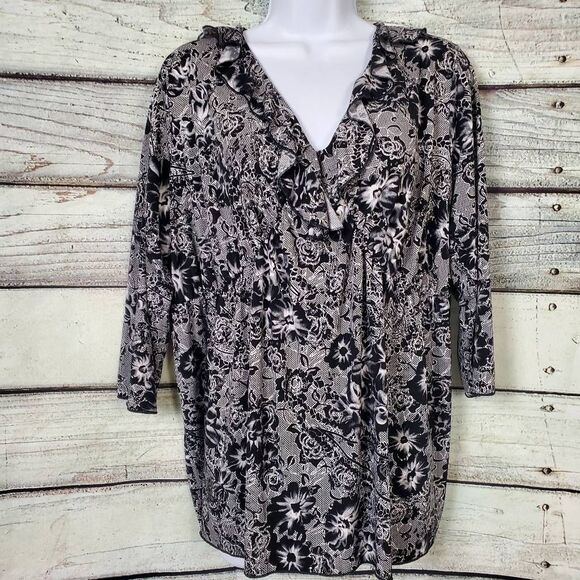 Susan Lawrence Woman 2X Black White Floral Print Tunic Top - Picture 1 of 6